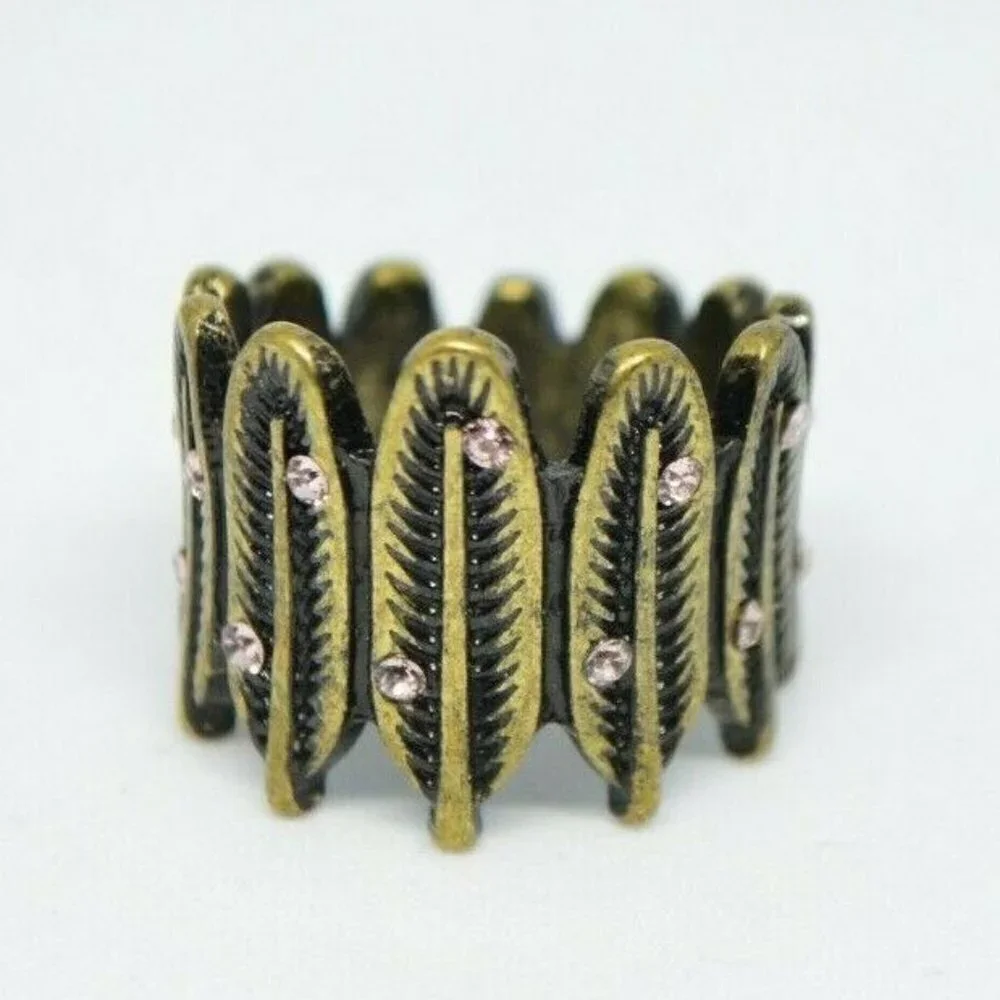 Pink Rhinestone Gold Tone Feather Modernist Ring